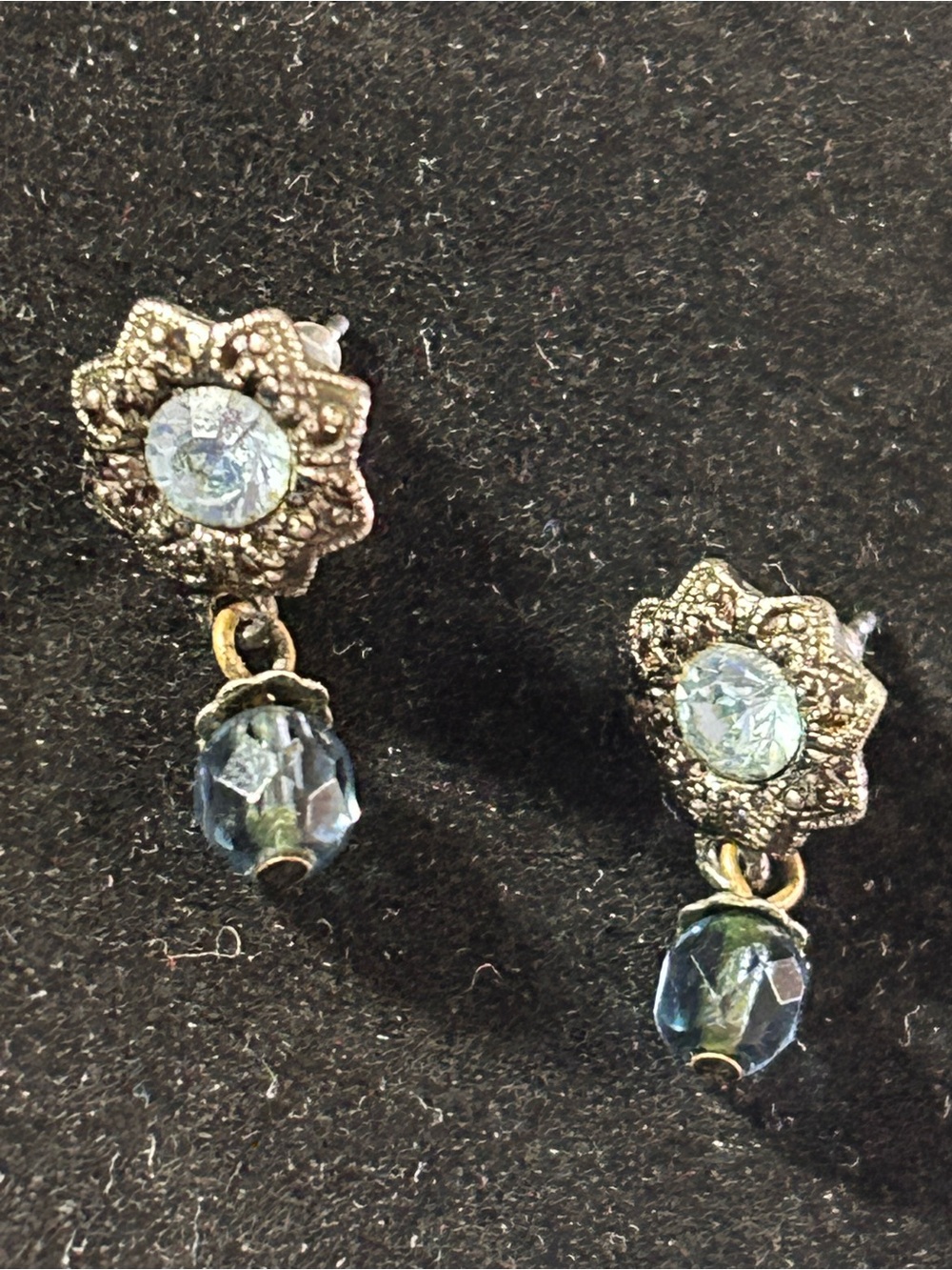 Vintage-Style Silver Tone Flower Drop Earrings with Blue Glass Beads